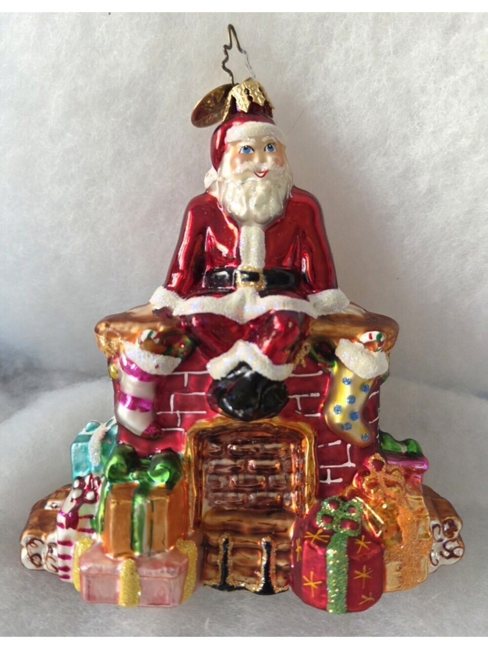 Rare Christopher Radko Santa Pause Fireplace Handpainted Glass Ornament, Mint!